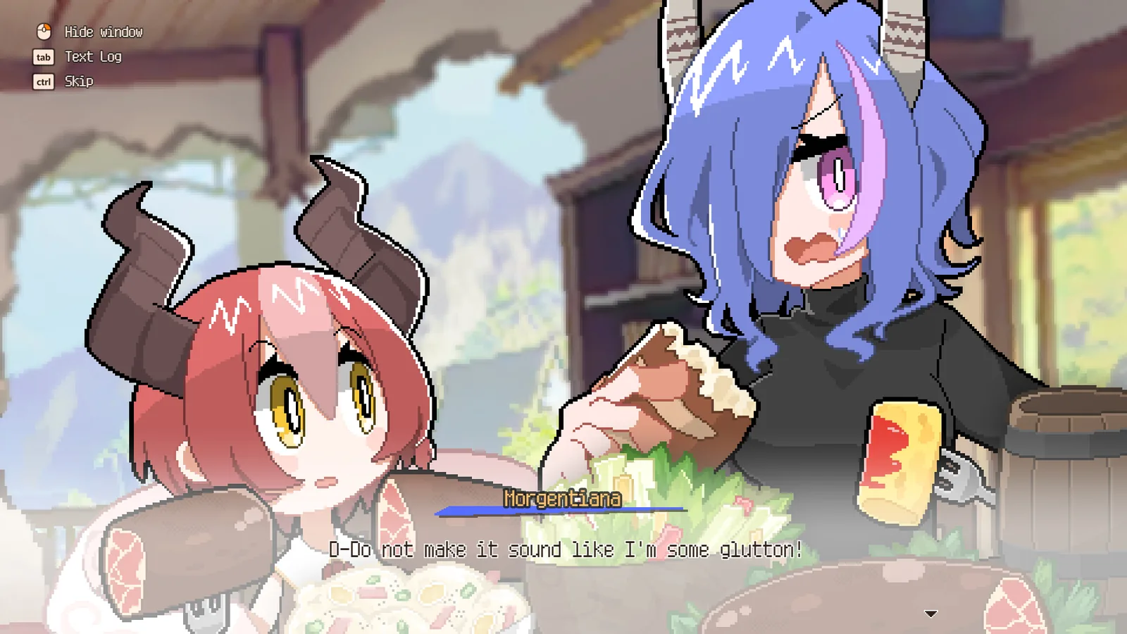 DRAPLINE story scene with Coo eating beside another character at a table