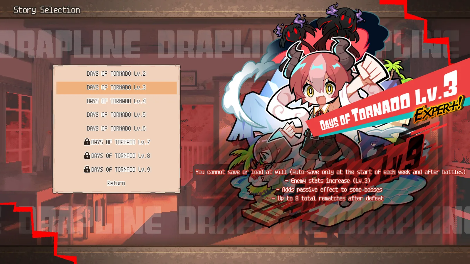 DRAPLINE Story Selection screen listing DAYS OF TORNADO difficulty levels from Lv.2 to Lv.9