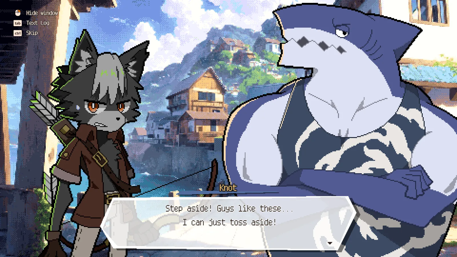 DRAPLINE story scene with a werewolf and a shark villager confronting each other in the village