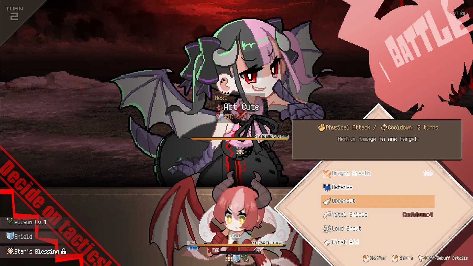 DRAPLINE battle screen with the skill command list open during a fight