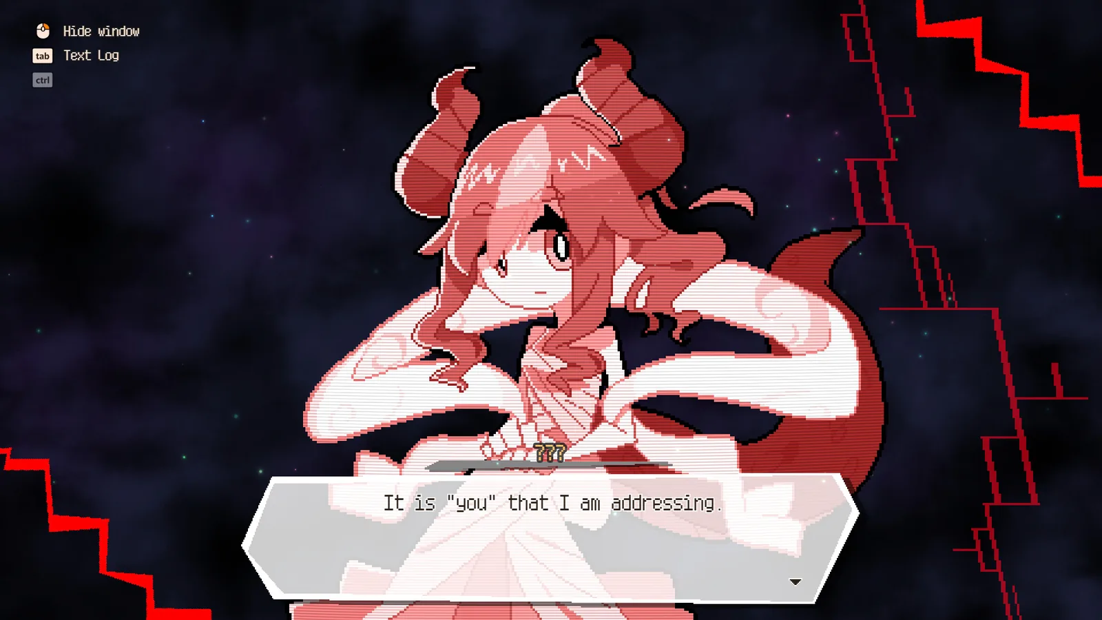 DRAPLINE late-story scene with Coo speaking to the player in a dark room